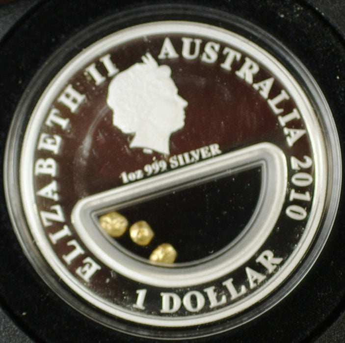 2010 Austalian $1 1oz. Silver Proof Coin, W/ 3 Gold Nug Treasures of Australia