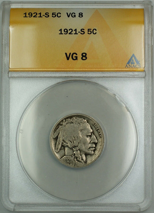 1921-S Buffalo Nickel 5c Coin ANACS VG-8