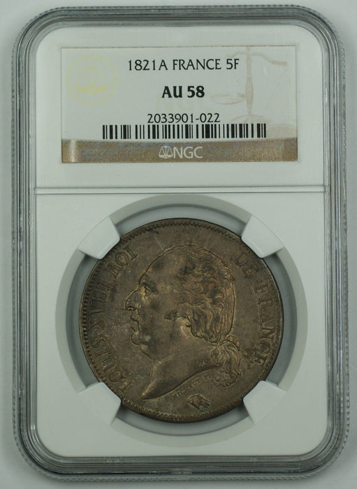 1821-A France Silver Five Franc Coin 5F NGC AU-58 AKR