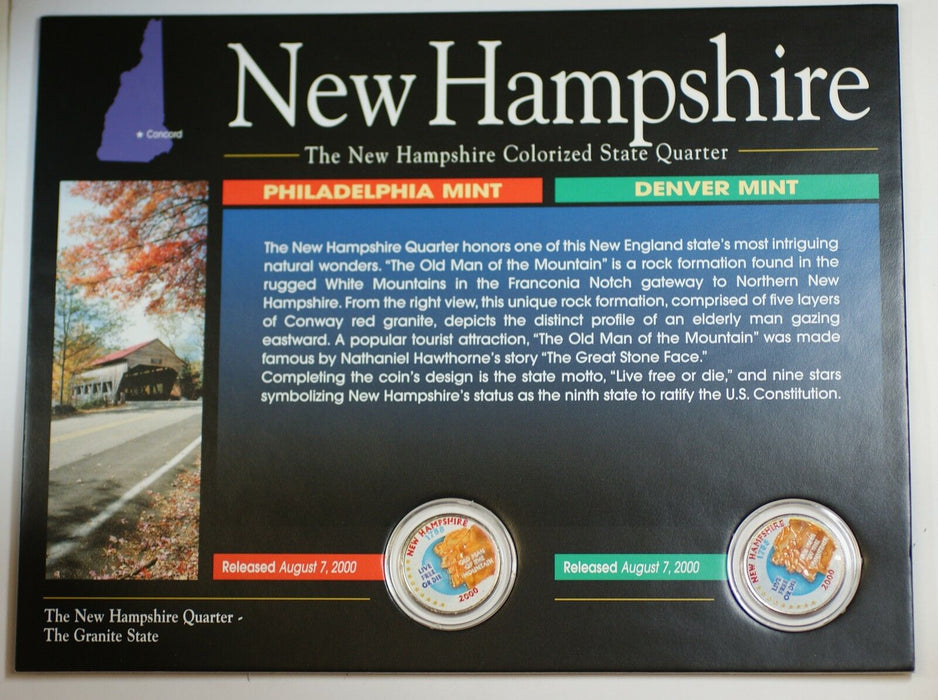 (2) 2000 New Hampshire Colorized State Quarter P&D-BU- w/Colorful Display Card