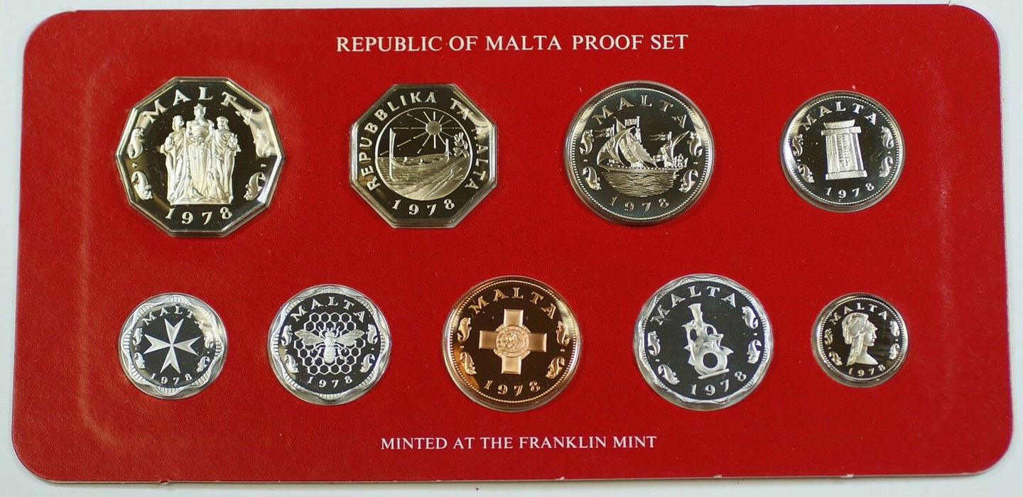 1978 Republic of Malta Proof Set, 9 Gem Coins, Made by the Franklin Mint W/ COA