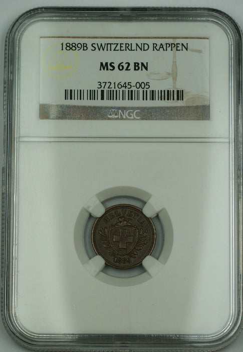 1889 B Switzerland 1 Rappen Swiss Coin NGC MS-62 BN