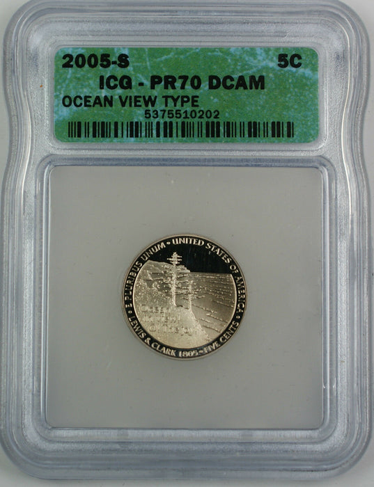 2005-S Proof Jefferson Nickel 5c, ICG PR-70 DCAM, Perfect Coin, Ocean View