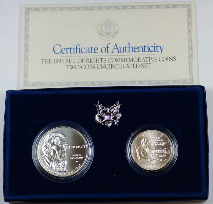 1993 Bill of Rights 2 Coins Commem. Silver UNC Set in Original Mint Packaging