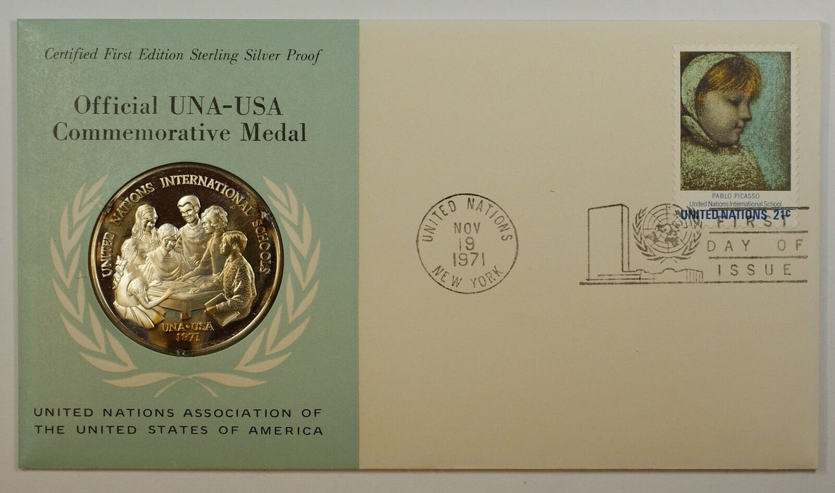 1971 UNA-USA Commemorative Silver Proof Medal- International Schools-FDI Stamp