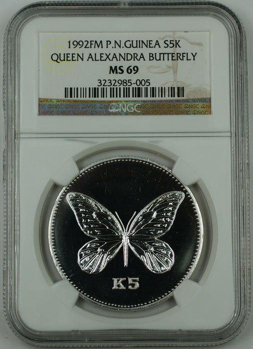 1992 FM Papua New Guinea Silver 5 Kina Proof Coin, NGC MS-69, K5 Butterfly