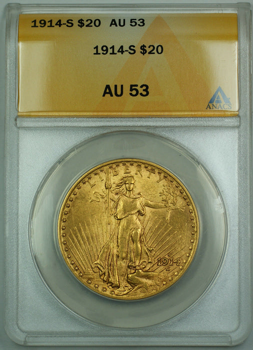 1914-S $20 St. Gaudens Double Eagle Gold Coin ANACS AU-53 JBH