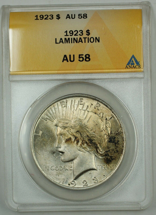 1923 Silver Peace Dollar Coin ANACS AU-58 Error Lamination