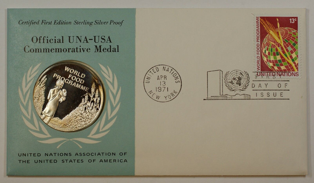 1971 UNA-USA Commemorative Silver Proof Medal- World Food Programme-FDI Stamp