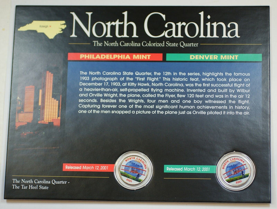 (2) 2001 North Carolina Colorized State Quarter P&D-BU- w/Colorful Display Card