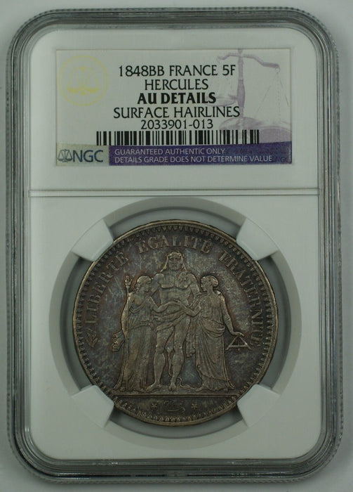 1848-BB France 5 Franc Silver Coin Hercules NGC AU Details Surface Hairlines AKR