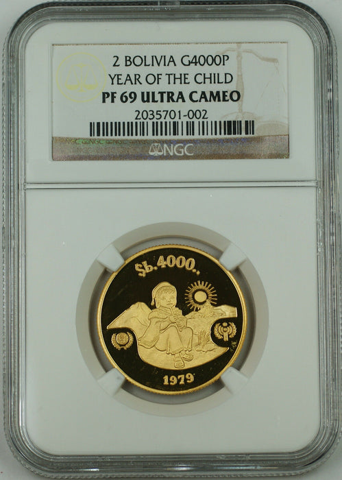 1979 Bolivia 4000 Pesos Gold Coin, NGC PF-69 UC, Year of the Child KM#199