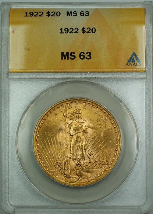 1922 $20 St. Gaudens Double Eagle Gold Coin ANACS MS-63 BS