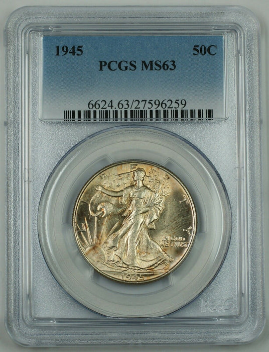 1945 Walking Liberty Silver Half Dollar, PCGS MS-63, Lightly Toned, New Holder