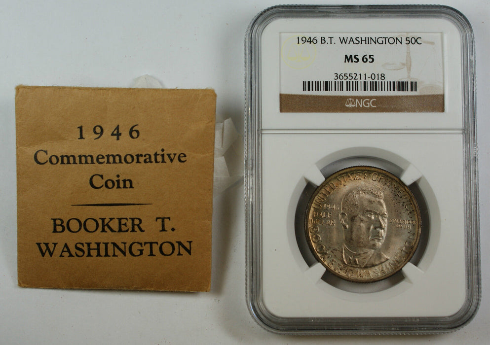 1946 Booker T Washington Silver Half Dollar, NGC MS-65 *Toned* w/ envelope RS