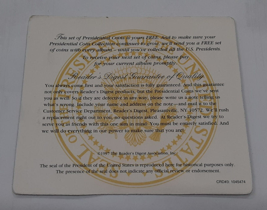 1997 Readers Digest 7 U.S. Presidents Brass Medals History Set on Card
