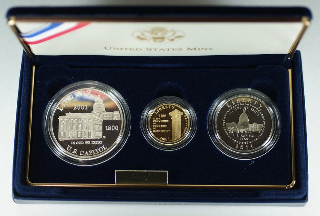 2001 U.S. Capitol Visitor's Center Commemorative 3 Coin Proof Set In Box Gold