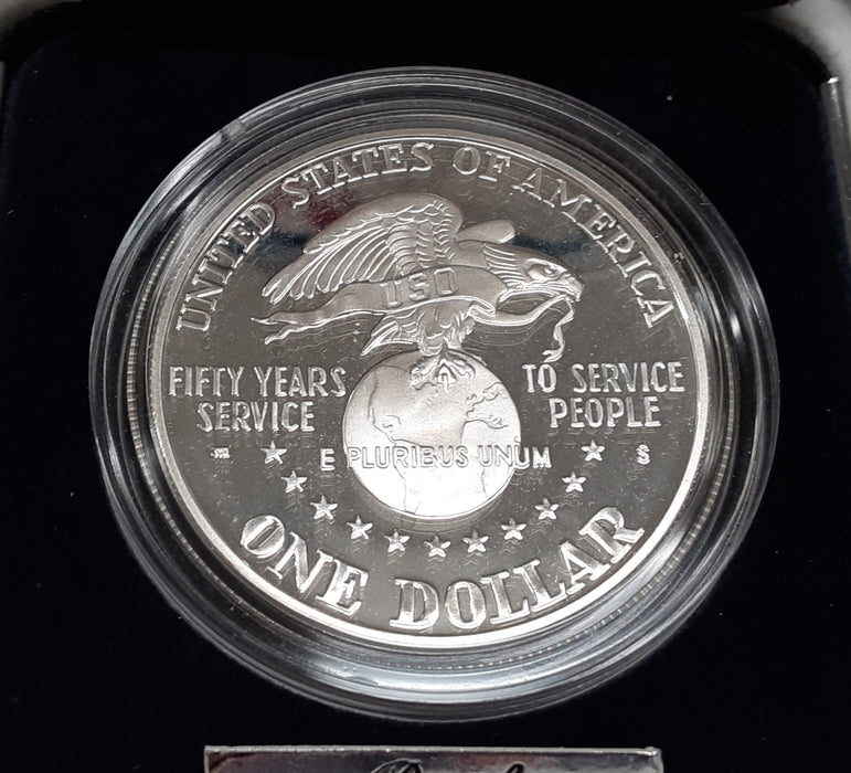 1991-S USO Commemorative Uncirculated Proof Silver Dollar Coin In Box w/ COA