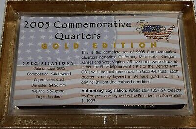 2005 Commemorative Quarters Gold Edition Set 5 Coins Total in Case W/COA