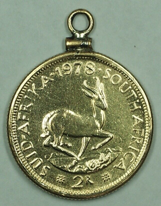 1978 South Africa 2 Rand Gold Coin in Reeded Edge Bezel Charm or Pendant