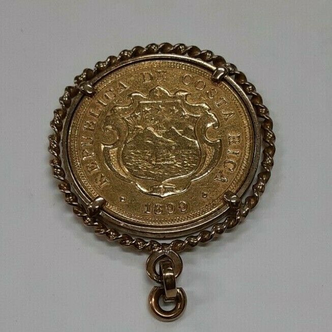1899 Costa Rica Gold 20 Colones Coin in 14K Bezel Pendant Jewelry (MK)