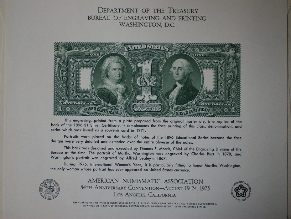 BEP souvenir card B 32 ANA 1975 back 1896 $1 Educational silver certificate