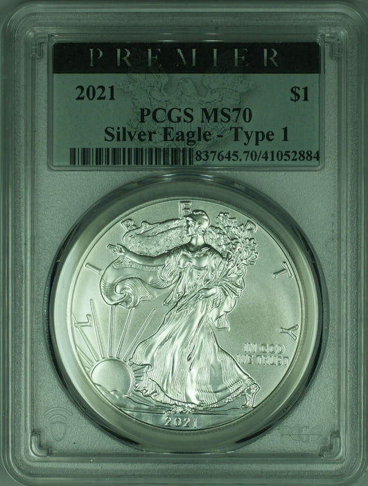 2021 American Silver Eagle $1 1 Oz Troy .999 Fine Silver PCGS MS-70 Type 1