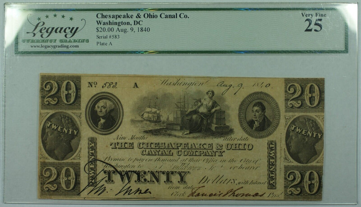1840 Chesapeake & Ohio Canal Co. Washington, DC $20 Note Legacy VF-25