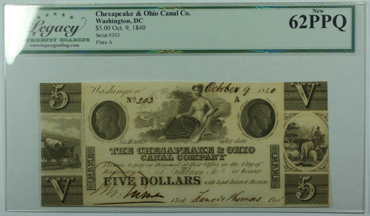 1840 Chesapeake Ohio Canal Co. Obsolete Note Washington, DC $5 Legacy New-62 PPQ
