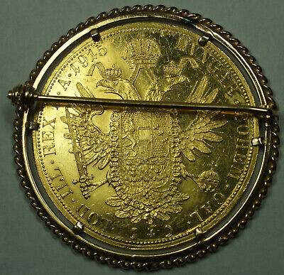 1915 Austria 4 Ducat Restrike Gold Coin in 18K Gold Rope Bezel Pin Brooch