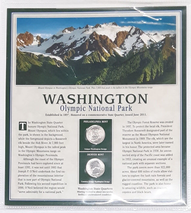 2011 Washington Olympic National Park Quarter P&D w/2 Stamps Display Card