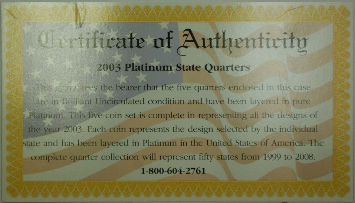 2003 Philadelphia Platinum Edition State Quarter Collection 5 Quarter UNC Set