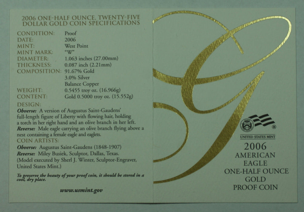 2006-W American Eagle 1/2 Oz Gold Proof Coin in Box w/ COA