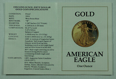 1992-W American Eagle Gold 1 Oz Proof Coin in Mint Box w/ COA