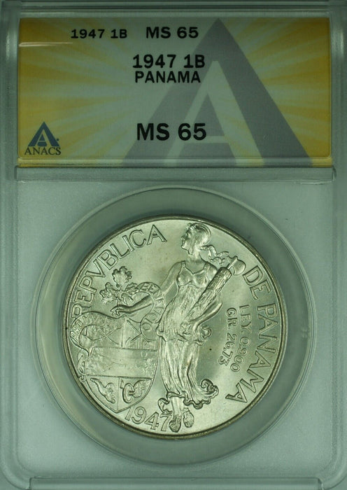 1947 Panama 1 Balboa Silver Coin ANACS MS-65 (WB3B)