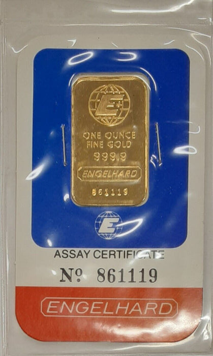 Vintage Issue Engelhard .9999 Gold 1 Troy Oz Bar in Original Assay Card