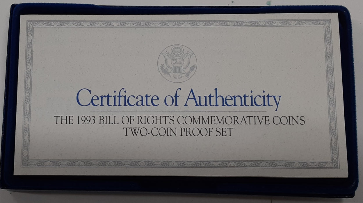 1993 Bill of Rights commemorative 2 Coin Proof Set, by US Mint In Box with COA