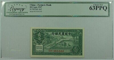 1937 China Farmers Bank 20 Cents Note SCWPM#462 Legacy Choice New 63PPQ