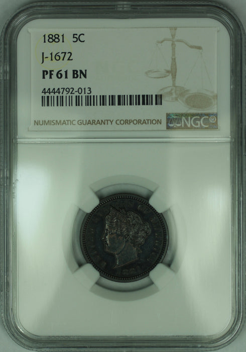 1881 Liberty V Nickel Pattern Proof 5c Coin NGC PF-61 BN Toned J-1672 Judd WW