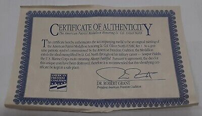 Oliver North American Patriot Bronze 3.25 Inch Diameter Medal W/Stand & Box