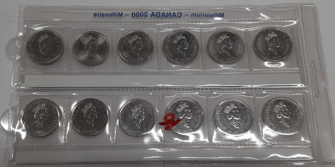 2000 Canada Millennium Commemorative 25 Cents Set-12 BU Coins in Plastic Sleeve