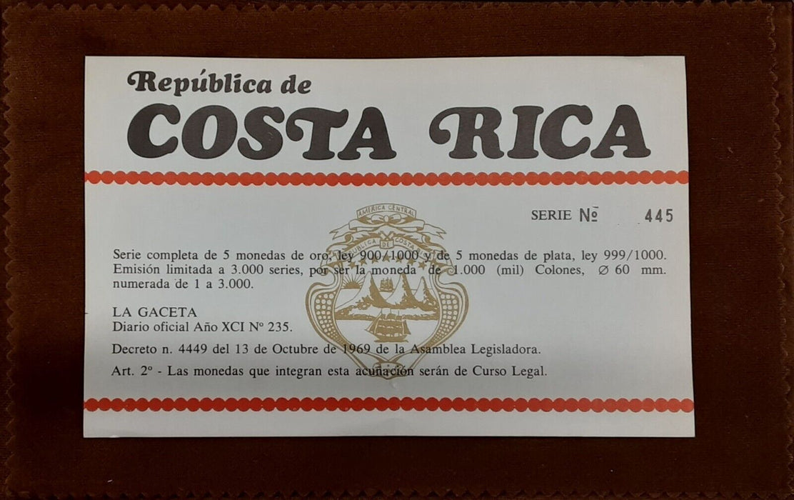 1970 Costa Rica Gold and Silver 10 Coin Proof Set in Original Case (MK)