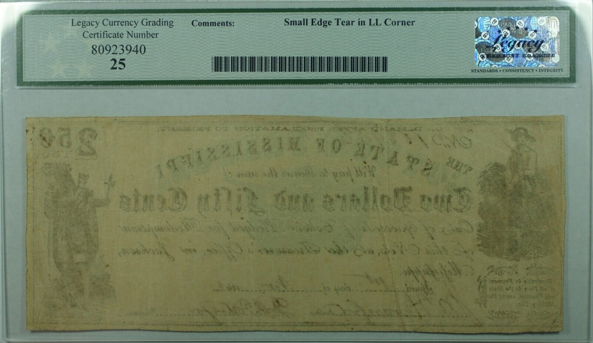 1862 Cr. 27 State of Mississippi $2.50 Note Legacy VF 25 w/Comments