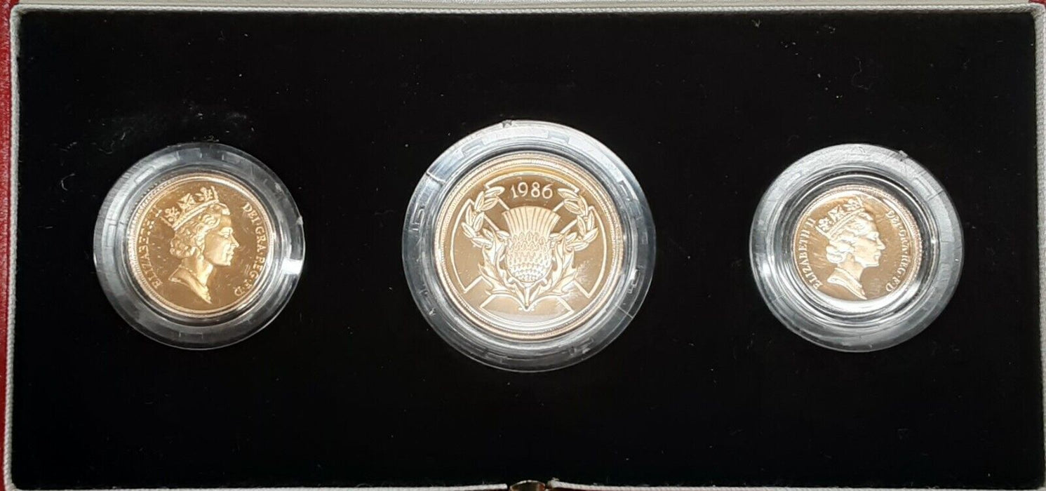 1986 United Kingdom UK Royal Mint 3 Coin Gold Proof Set with Case and COA