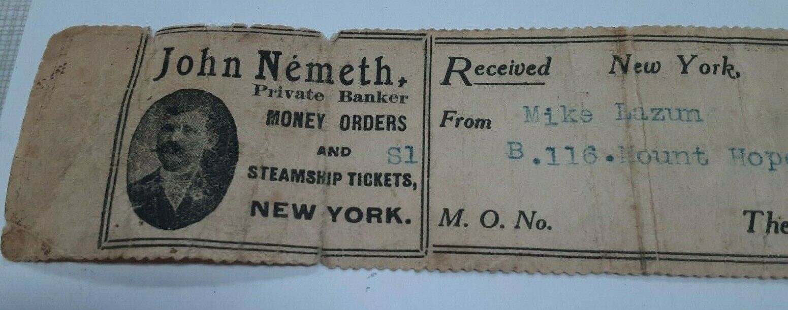 Vintage Receipt for Money Order - John Nemeth, New York Rough Condition