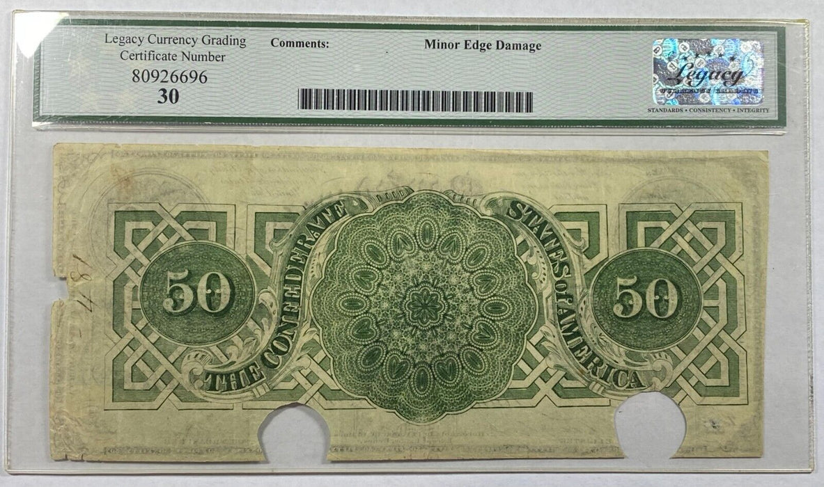 1862 $50 Fifty Dollar Bill Confederate Note T-50 Legacy Very Fine 30 Cancelled