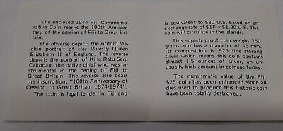 1974 Fiji Silver $25 Centennial Commemorative Proof Coin in Case W/COA