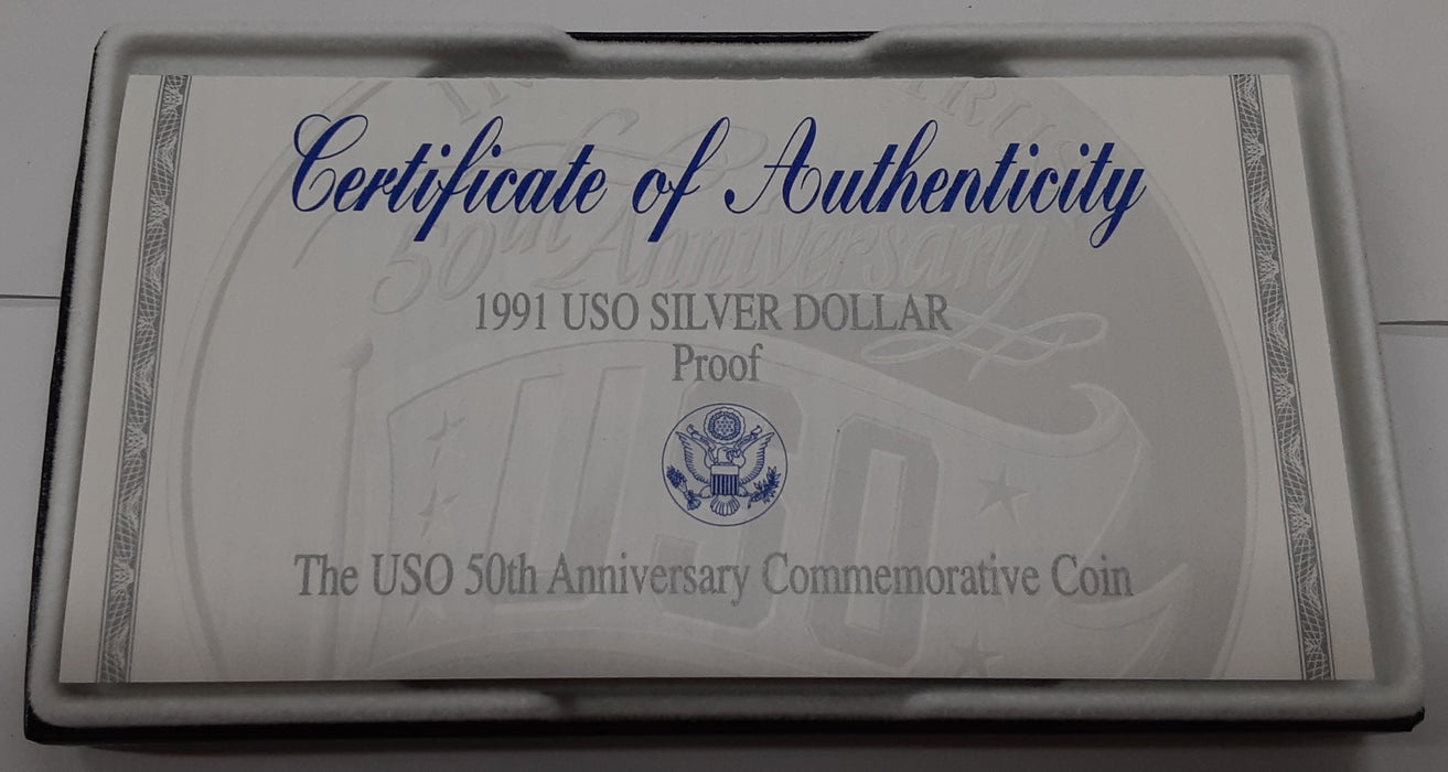 1991-S USO Commemorative Uncirculated Proof Silver Dollar Coin In Box w/ COA