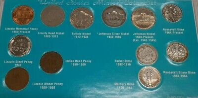 US 20th Century Cent, Nickel & Dime Collection - 12 Coins in Holder
