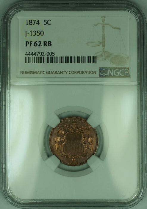 1874 Shield Nickel Pattern Proof 5c Copper Coin NGC PF-62 RB J-1350 Judd WW